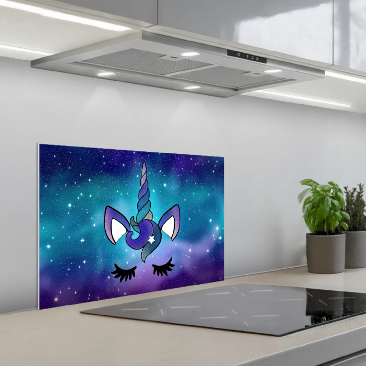 Eenhoorn - Sterrenhemel - Ster - Blauw keuken achterwand spatscherm klein -3d_schuin