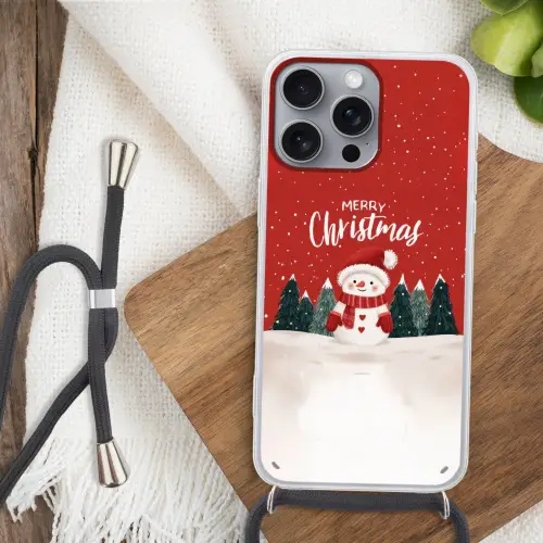 Kerstgroet - Sneeuw - Rood Hoesje iPhone 16 Pro Max met koord klein -sfeer4