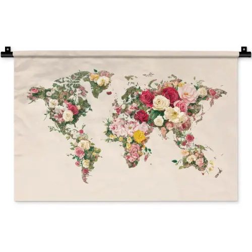 Wereldkaart - Bloemen - Roze Wandkleed katoen klein -zz3d