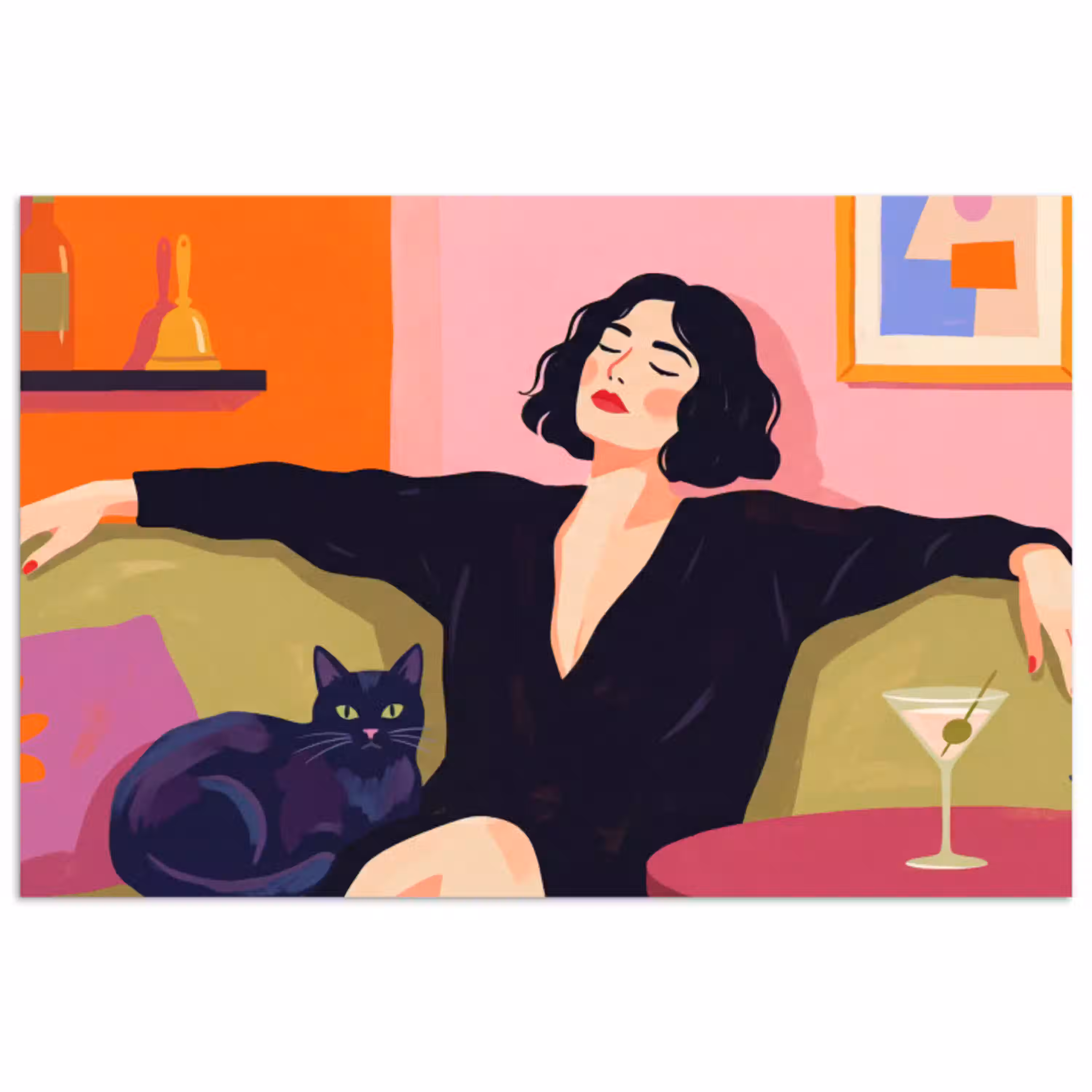 Vrouw - Kat - Interieur - Modern - Kleurrijk poster papier klein -3d