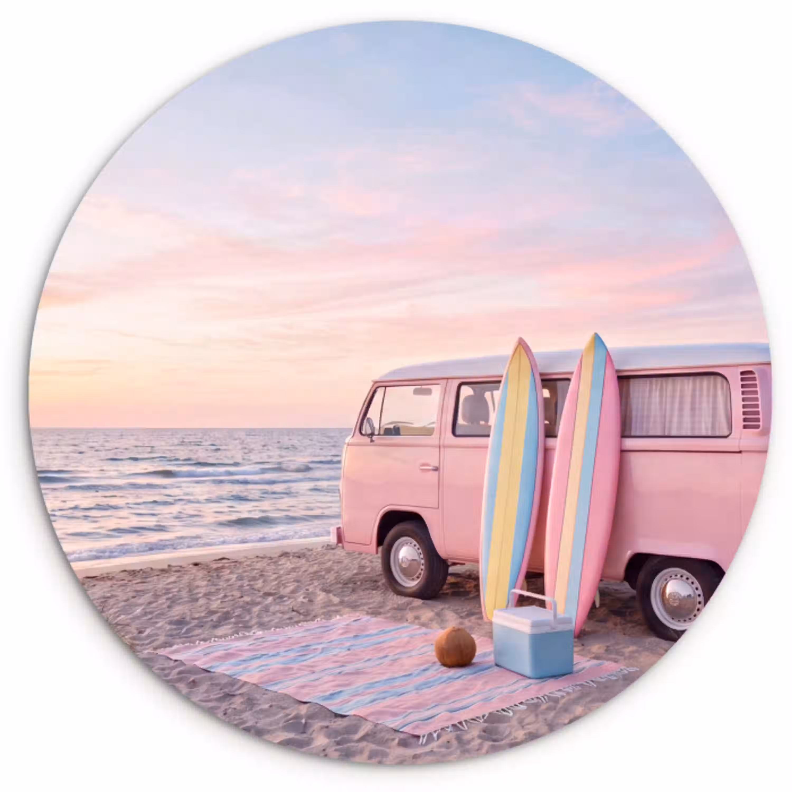 Busje - Strand - Surfplank - Zomer - Roze Wandcirkel kunststof plaat 5mm dik klein -3d