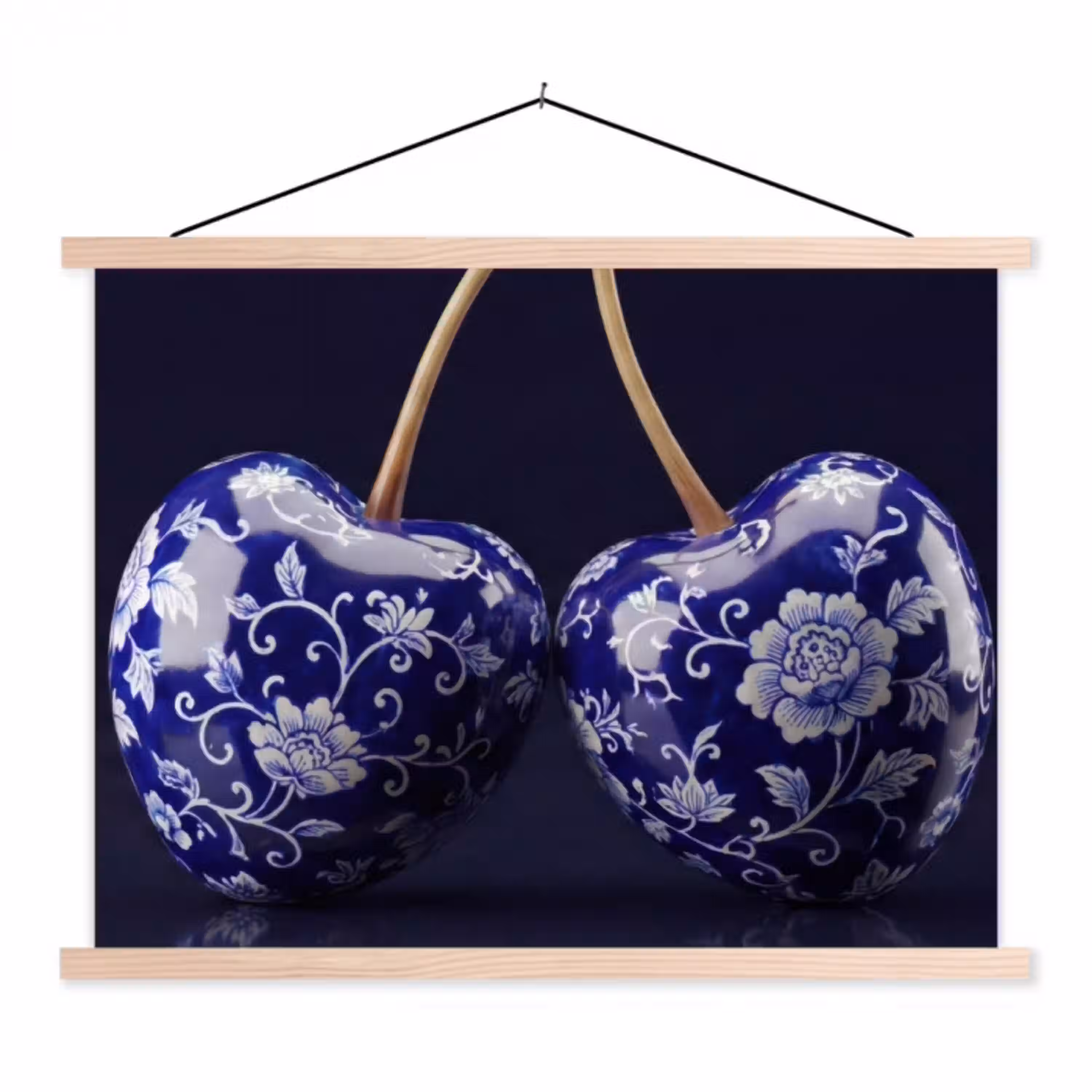 Porselein- Kersen - Delfts - Blauw textielposter latten blank klein -3d