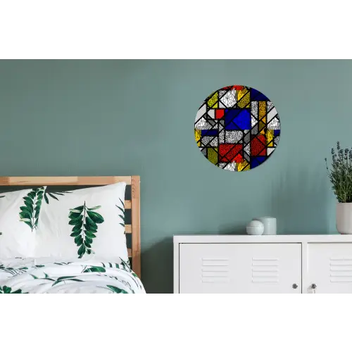 Mondriaan - Glas in lood - Oude Meesters - Kunstwerk - Abstract - Schilderij Wandcirkel aluminium klein -slaapkamer