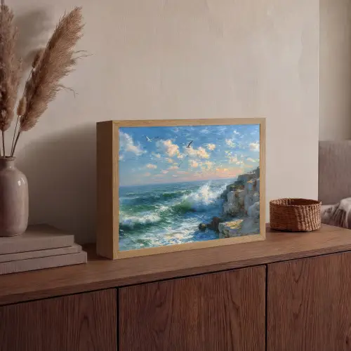 Zee - Golven - Rotsen - Meeuwen Light Box met batterij (Wandlamp) middel -sfeer2