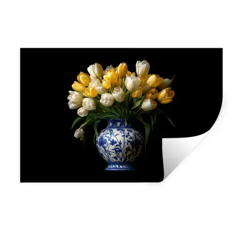 Geel - Tulpen - Vaas - Bloemen Muursticker klein -3d