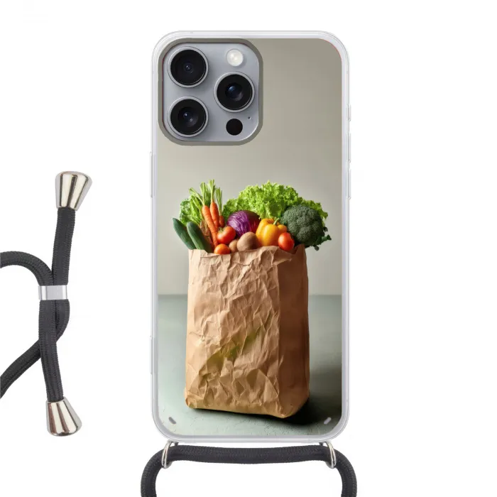 Papieren - Boodschappen - Groente - Kleurrijk Hoesje iPhone 16 Pro Max met koord klein -3d