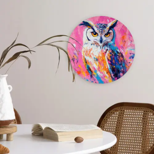 Uil - Roze - Blauw - Verf - Abstract Wandcirkel kunststof plaat 5mm dik klein -sfeer4