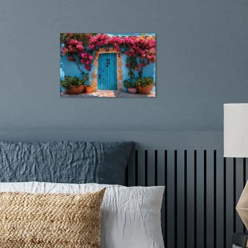 Deur - Hout - Bloemen - Blauw poster papier klein -sfeer2