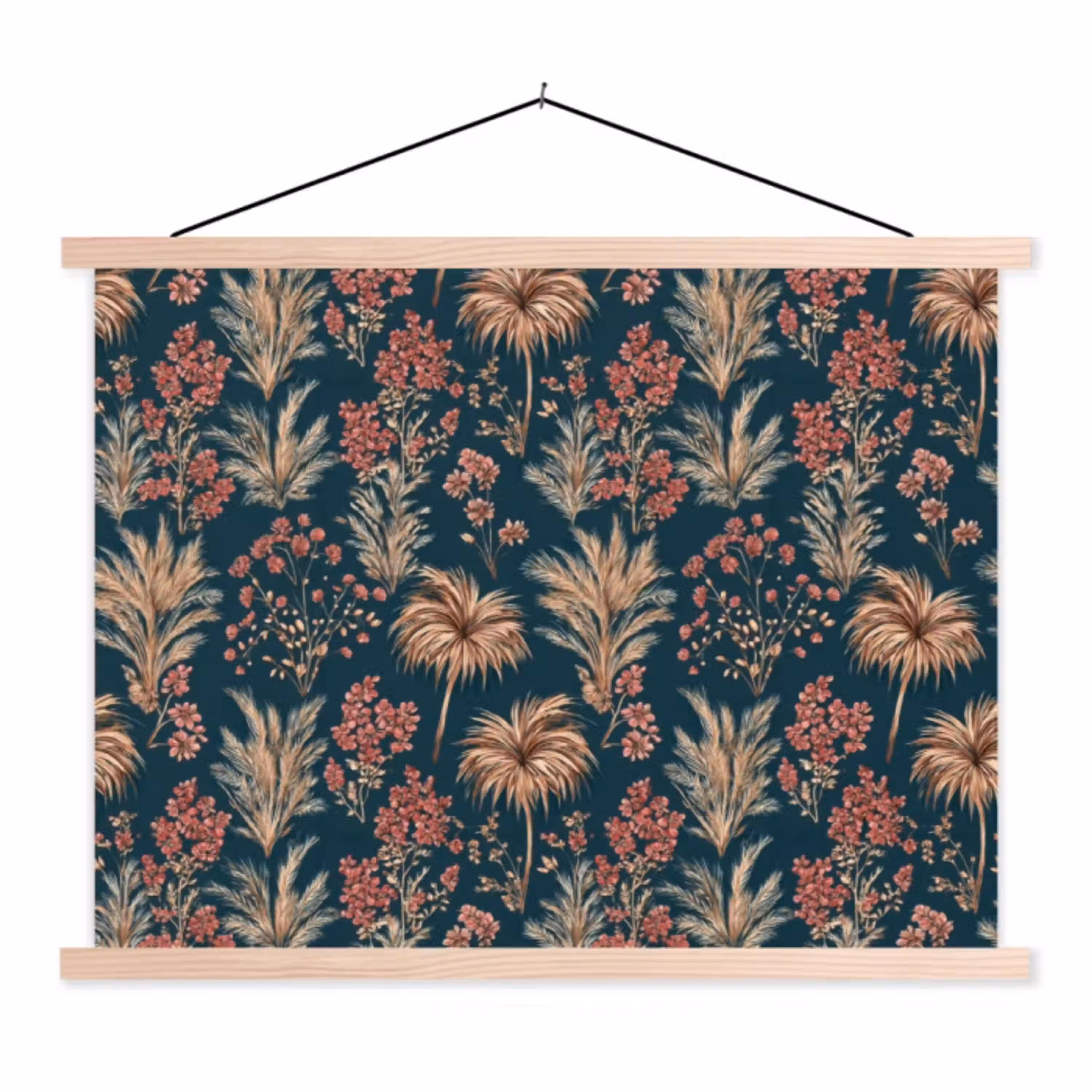 Botanisch - Patroon - Blauw textielposter latten blank klein 122 -3d