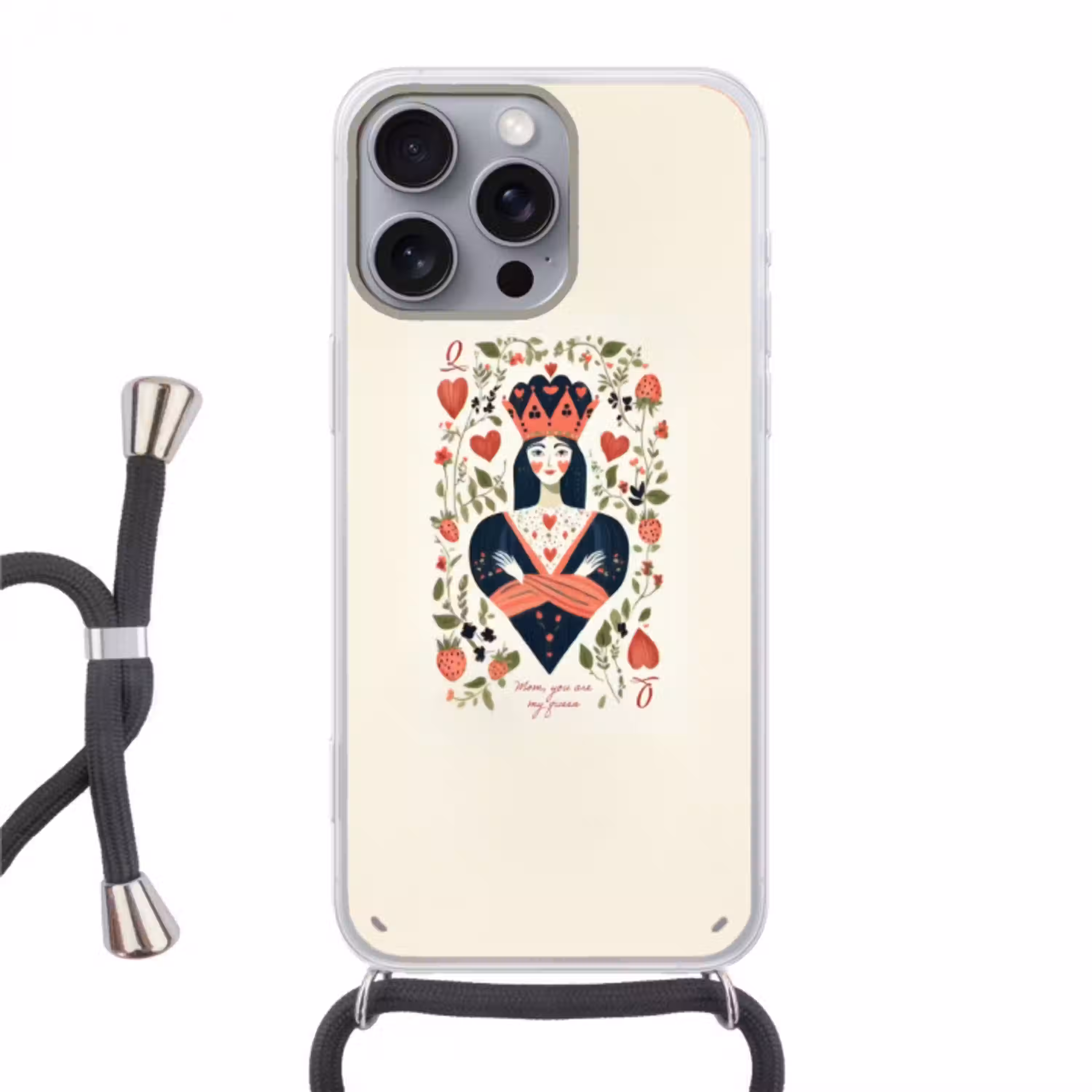 Speelkaart - Hartenkoningin - Bloemen - Hartjes Hoesje iPhone 16 Pro Max met koord klein -3d