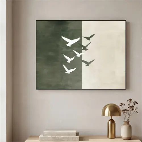 Japandi - Vogel - Groen Textielframe zwart klein -sfeer2