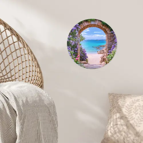 Doorkijk - Poort - Zee - Strand - Rotsen Wandcirkel behangsticker klein -sfeer4