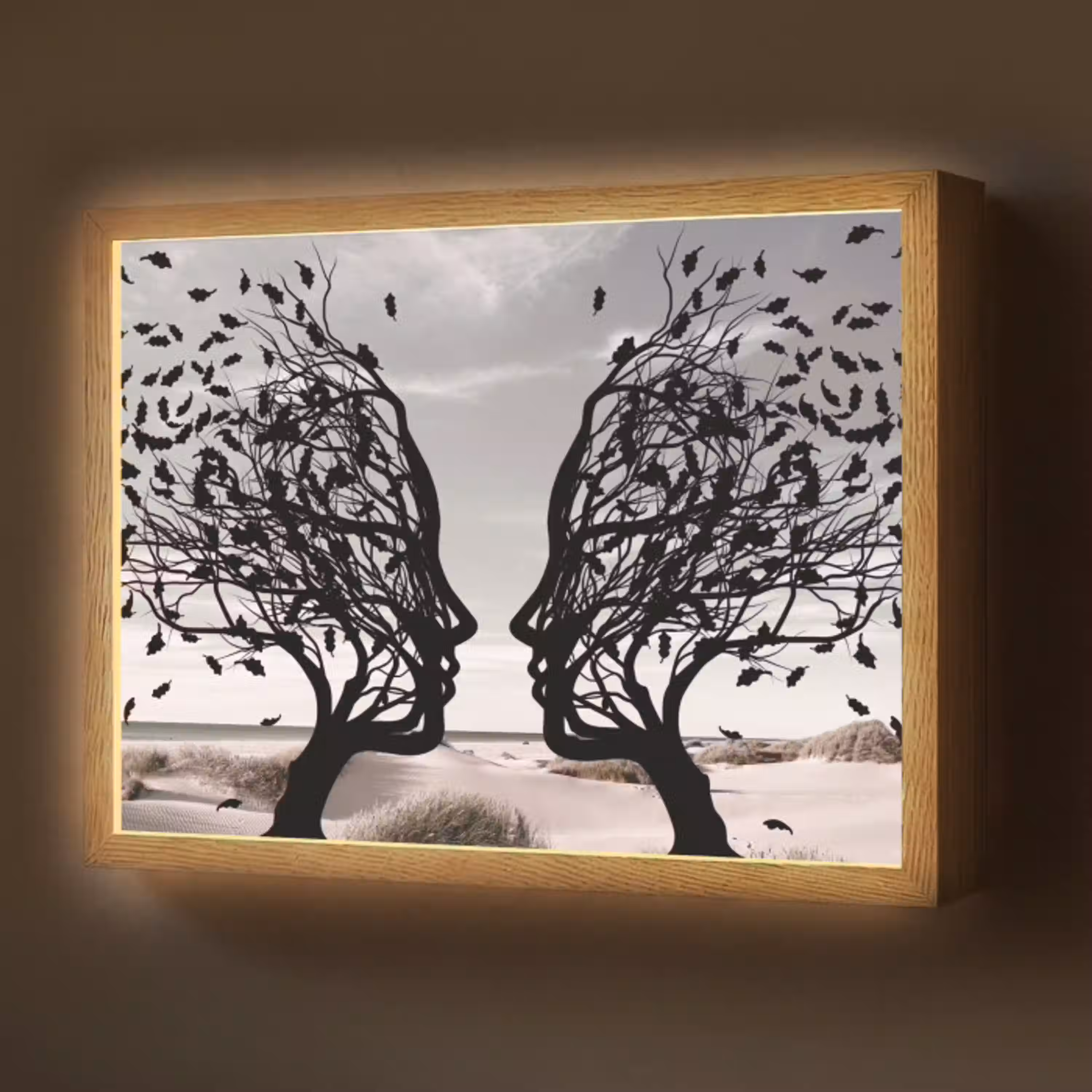 Bomen - Gezicht - Bladeren - Moderne kunst Light Box met batterij (Wandlamp) middel -z3d_website