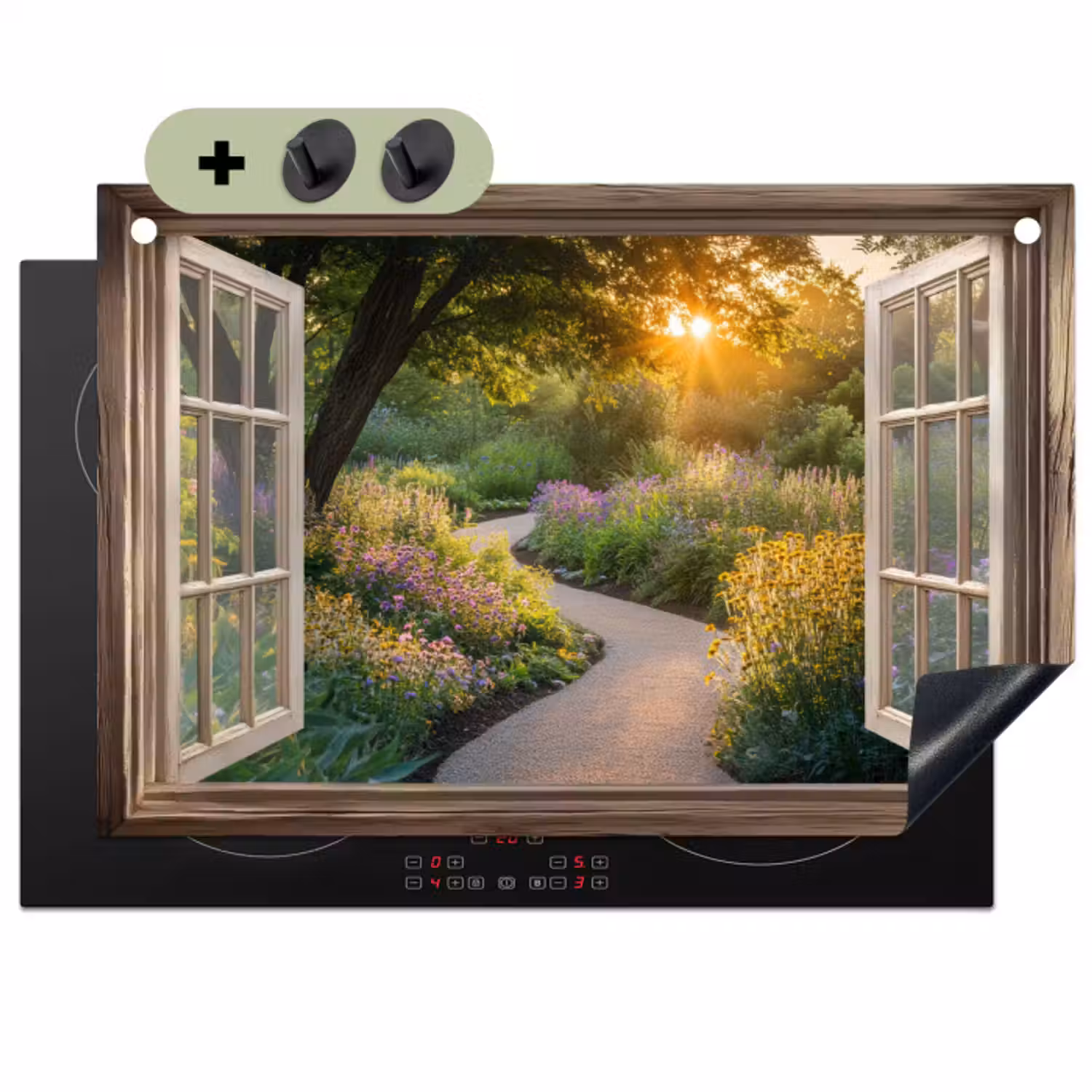 Inductie beschermer en spatscherm (2in1) - Doorkijk - Bloemen - Natuur - Zon - Pad