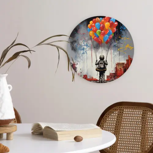 Jongen - Ballonnen - Gebouwen - Kunst Wandcirkel kunststof plaat 5mm dik klein -sfeer4