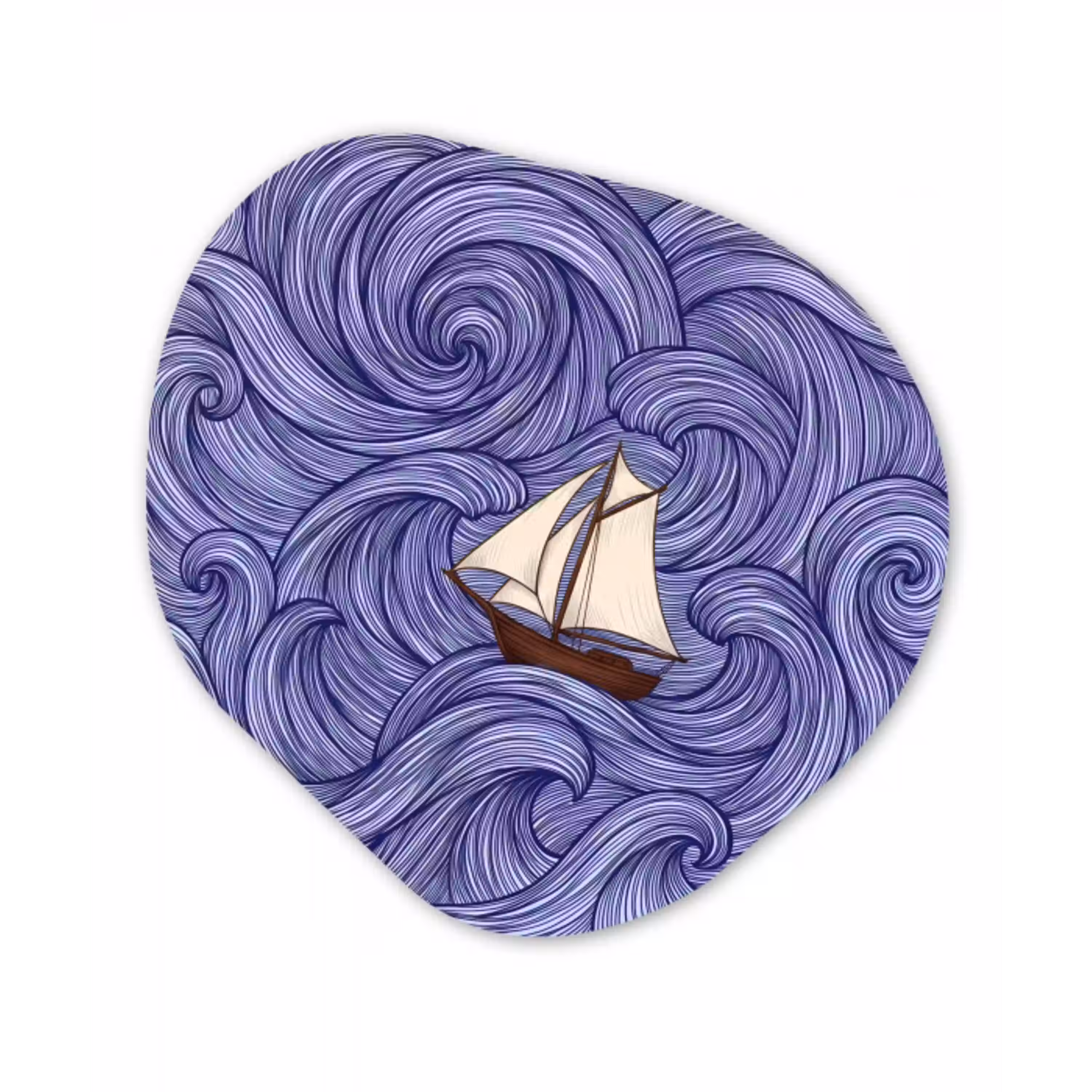 Schip - Golven - Zee - Illustratie - Blauw Wandcirkel Organisch Aluminium middel -3d