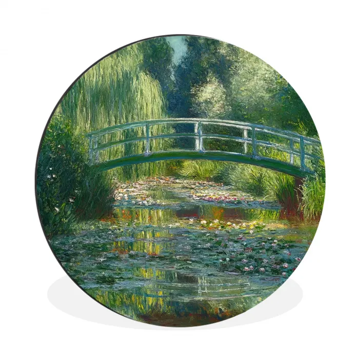 Brug - Hout - Vijver - Waterlelies Wandcirkel aluminium klein -3d