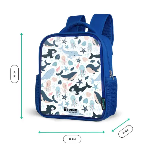 Zeedierenpatroon met walvissen, kwallen en orka's Kinderrugzak - Blauw middel -productfoto_formaten