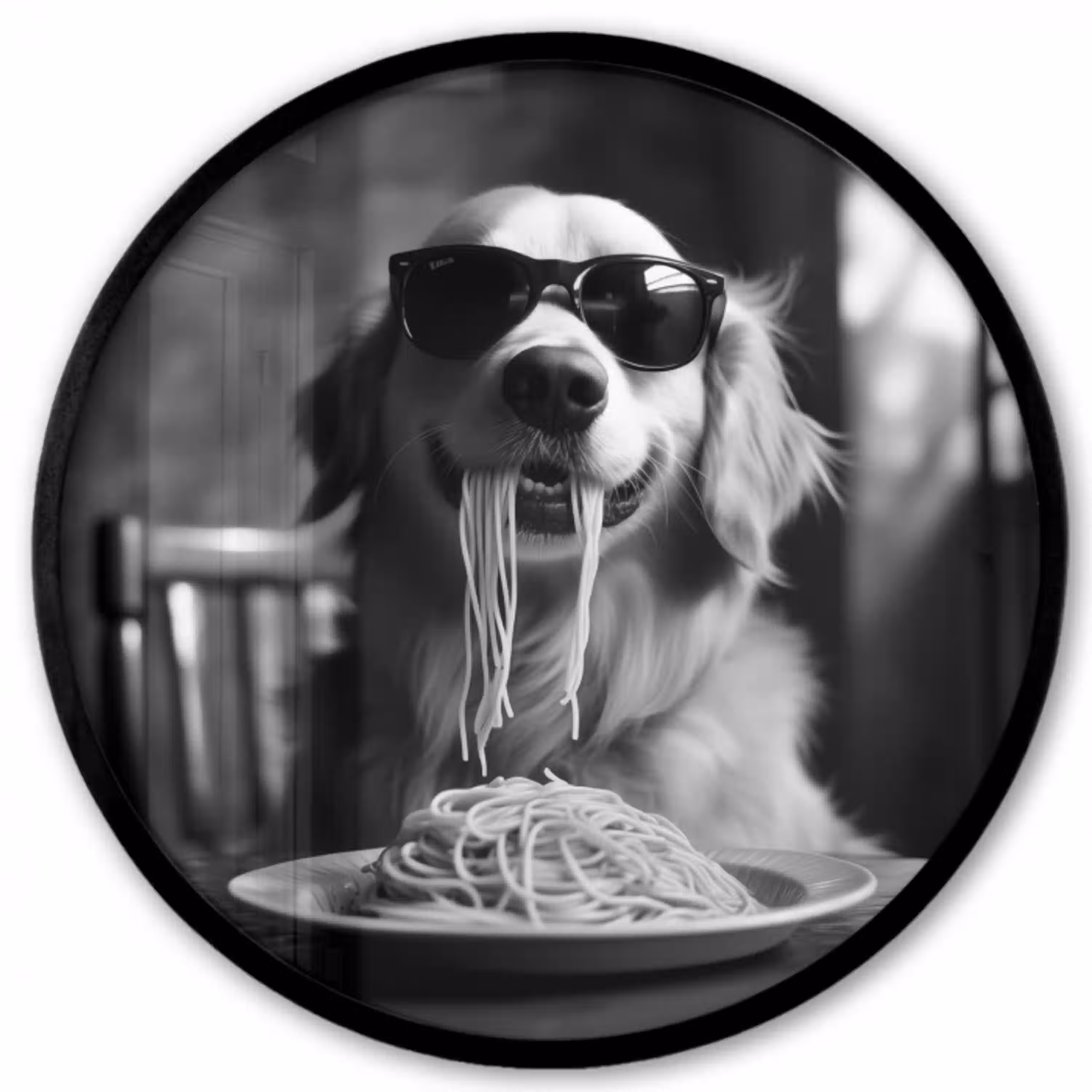Golden Retriever - Hond - Vrolijk -  Bord spaghetti - Zwart - wit Fotolijst rond zonder passe partout klein -3d