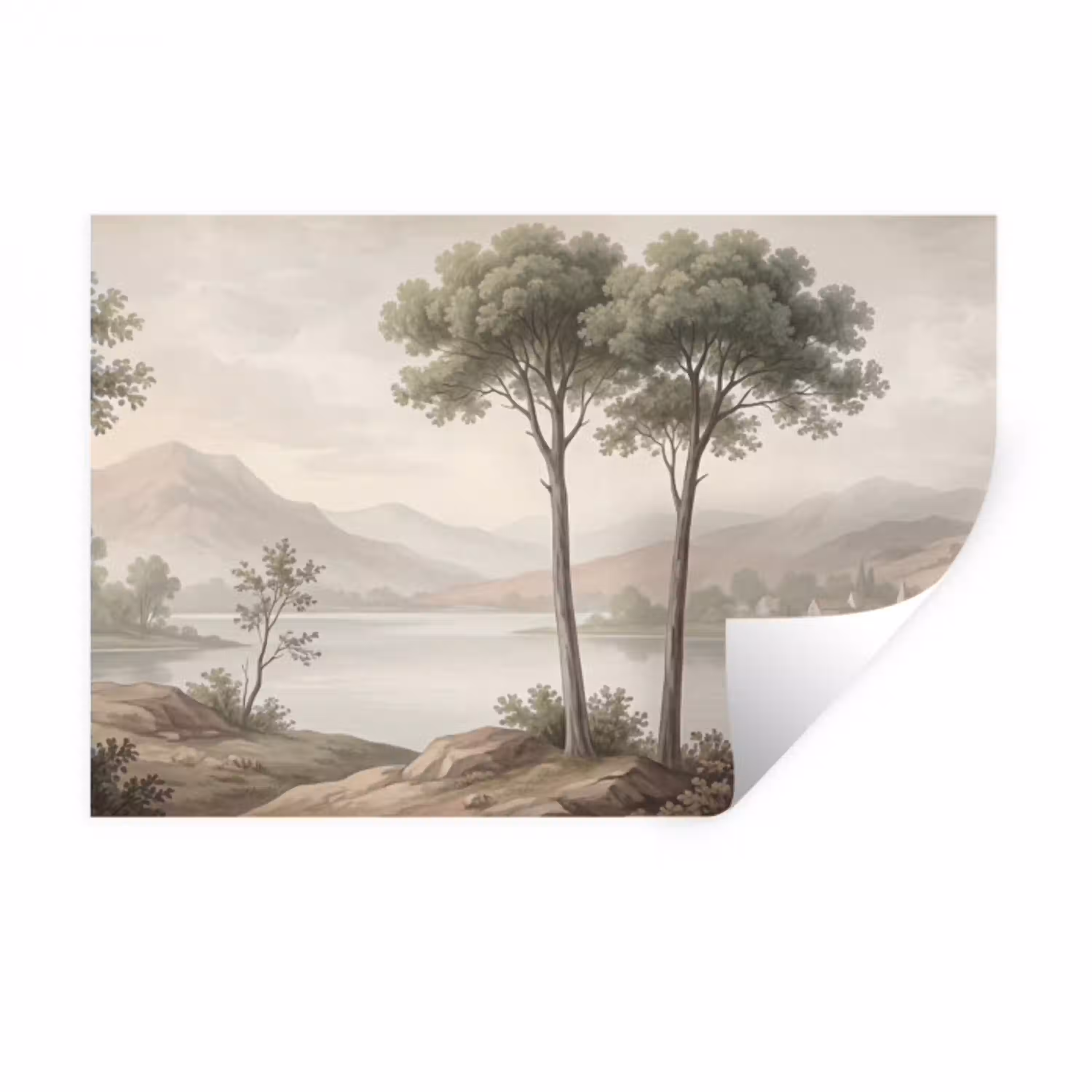 Bomen - Meer - Bergen - Illustratie Muursticker klein -3d