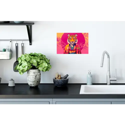 Tijger - Kimono - Planten - Roze Muursticker klein -keuken
