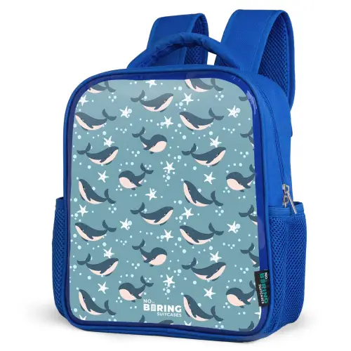 Donkerblauw walvissenpatroon met zeesterren Kinderrugzak - Blauw middel -schuin