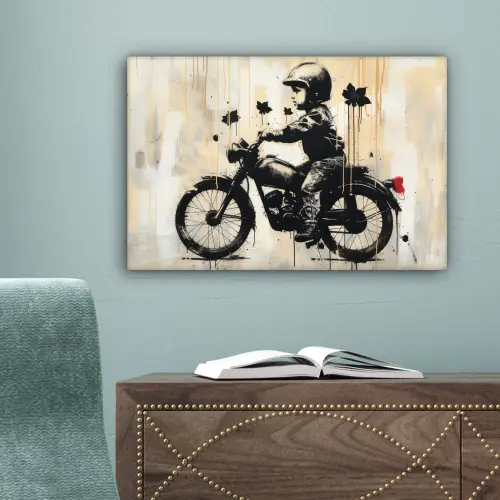 Vintage - Street art - Motor - Jongen - Graffiti - Zwart - Banksy canvas 2cm klein -sfeer4