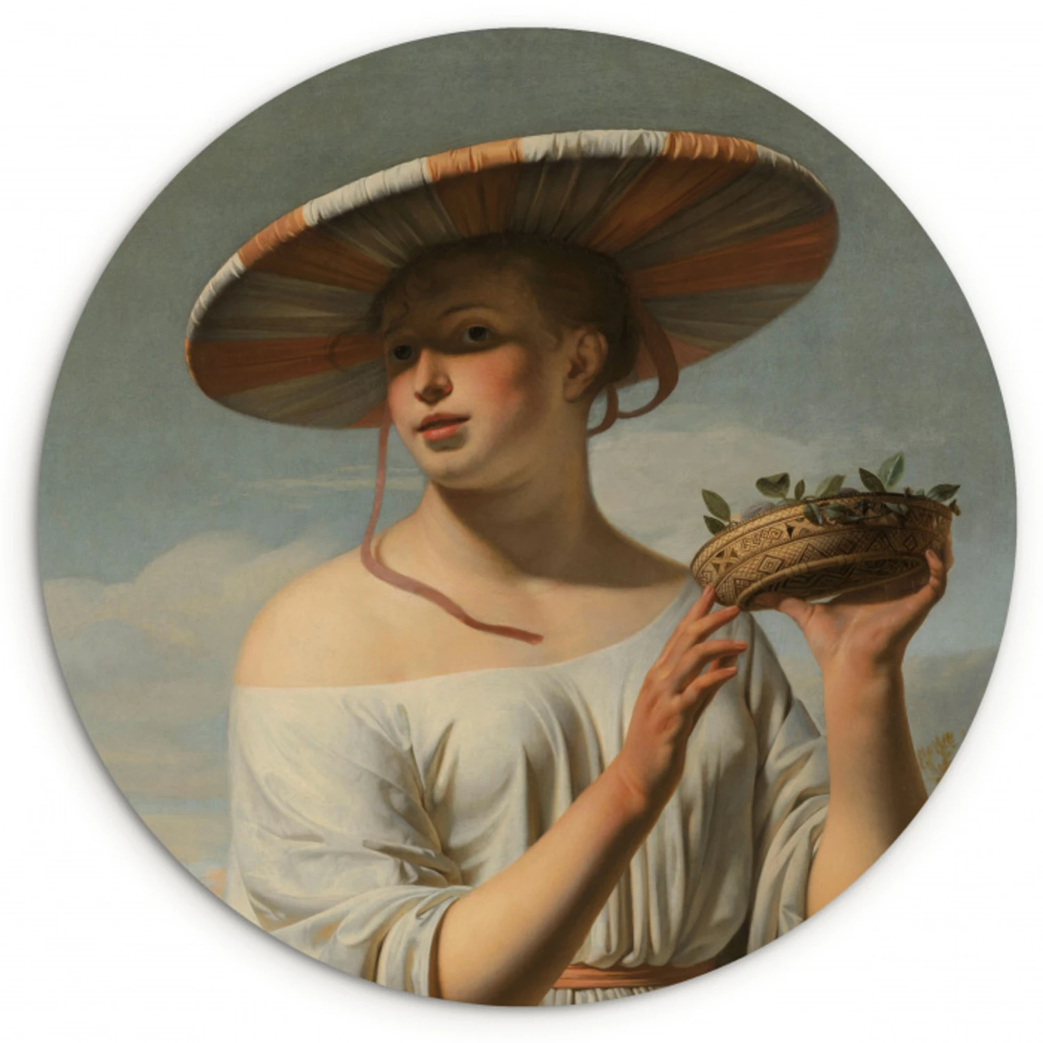 Meisje met een brede hoed - Schilderij van Caesar Boëtius van Everdingen Wandcirkel kunststof plaat 5mm dik klein -3d