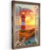 Doorkijk - Raam - Vuurtoren - Zonsondergang - Strand Tuinposter op houten frame 2 cm dik klein -3d