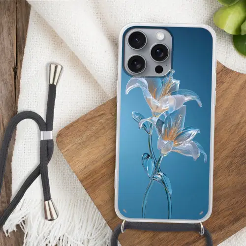 Lelies - Blauw - Glazen Hoesje iPhone 16 Pro Max met koord klein -sfeer4