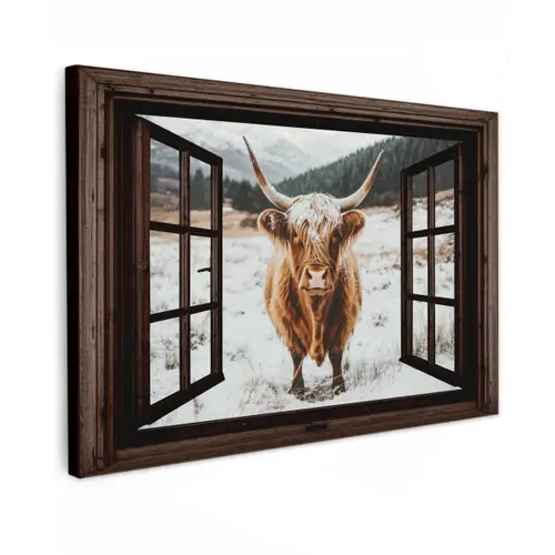 Schotse Hooglander - Landschap - Landelijk - Bergen - Winter - Doorkijk - Donker Tuinposter op houten frame 2 cm dik klein -3d