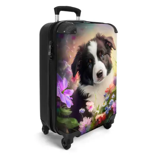 Puppy - Zon - Bloemen - Natuur - Bordercollie - Hond NBS - Handbagage koffer - Unisex middel -productfoto_3d