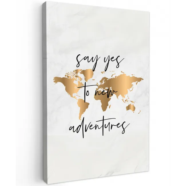 Quote - Goud - Glanzend - Wereldkaart Tuinposter op houten frame 2 cm dik middel -3d