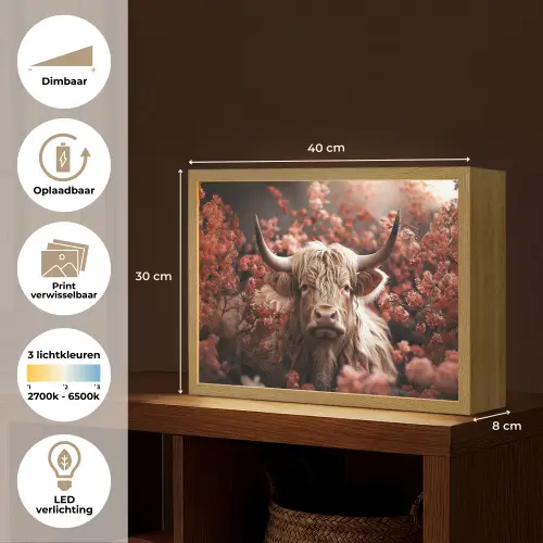 Schotse hooglander - Dier - Natuur - Bloemen - Botanisch Light Box met batterij (Wandlamp) middel -USP_websiteoverzichtNL