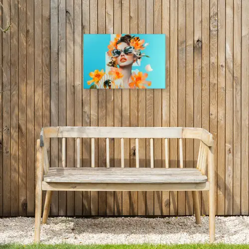 Bloemen - Vrouw - Zonnebril - Blauw Tuinposter op houten frame 2 cm dik klein -sfeer4