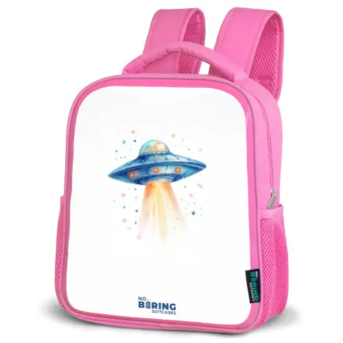 Blauw ruimteschip met lichtstraal Kinderrugzak - Roze middel -schuin