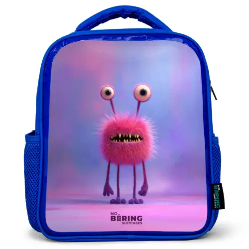 Roze harig monster met grote ogen Kinderrugzak - Blauw middel -3d