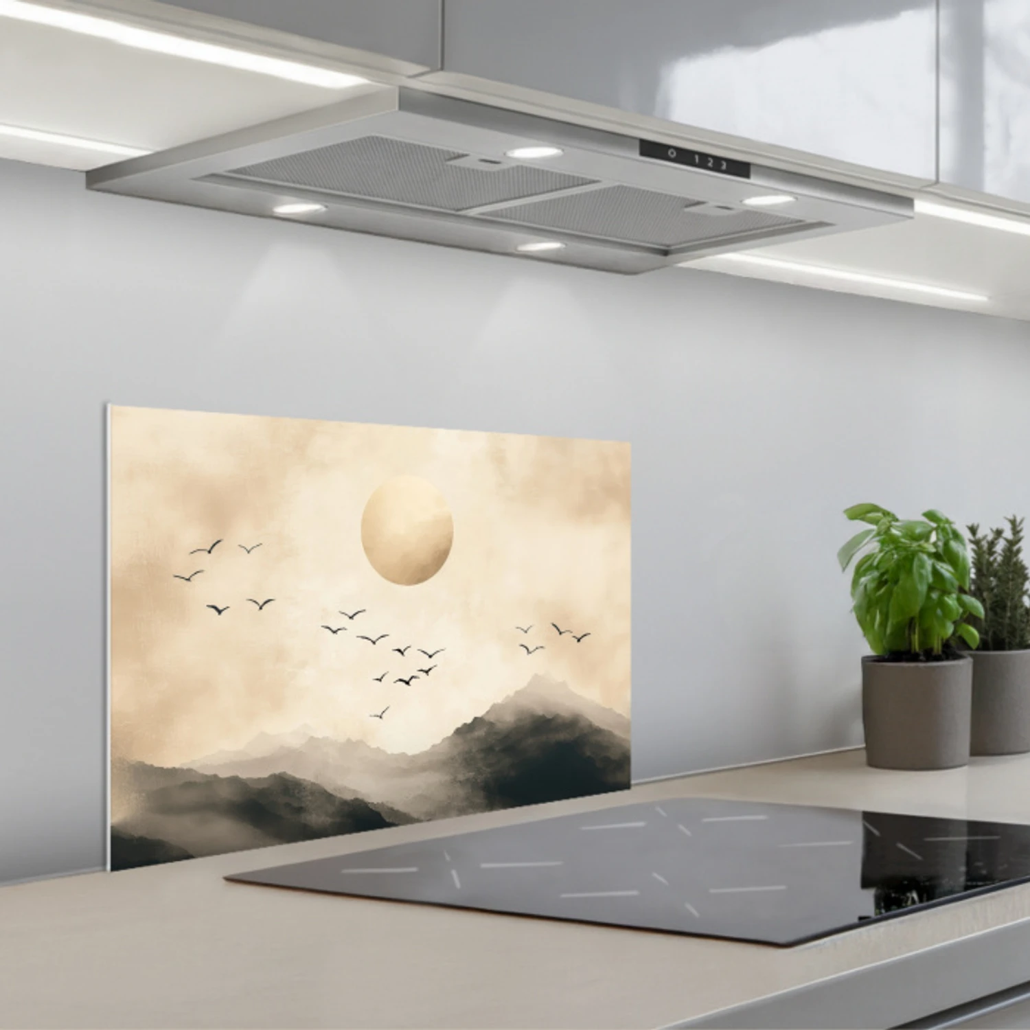 Landschap - Japandi - vogel keuken achterwand spatscherm klein -3d_schuin