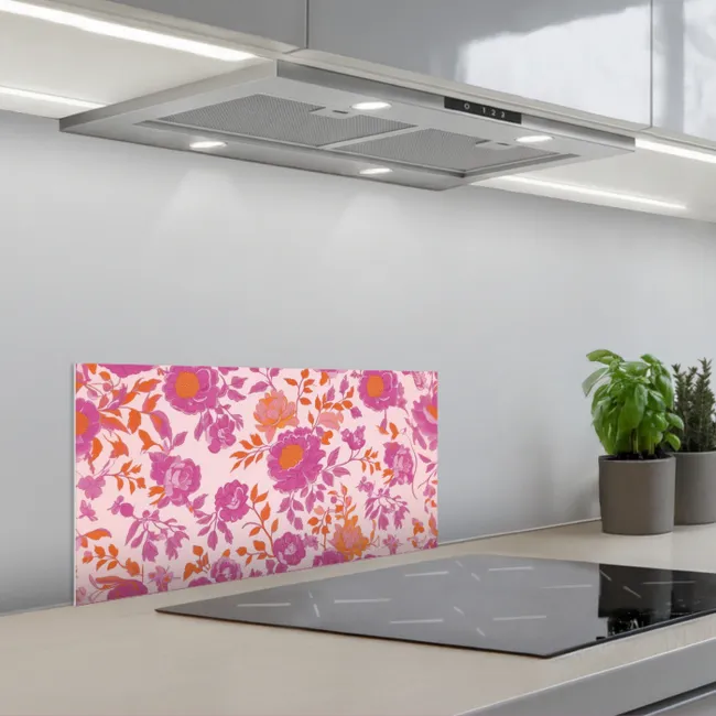 Bloemenpatroon - Roze - Oranje - Bloemen keuken achterwand spatscherm klein -3d_schuin