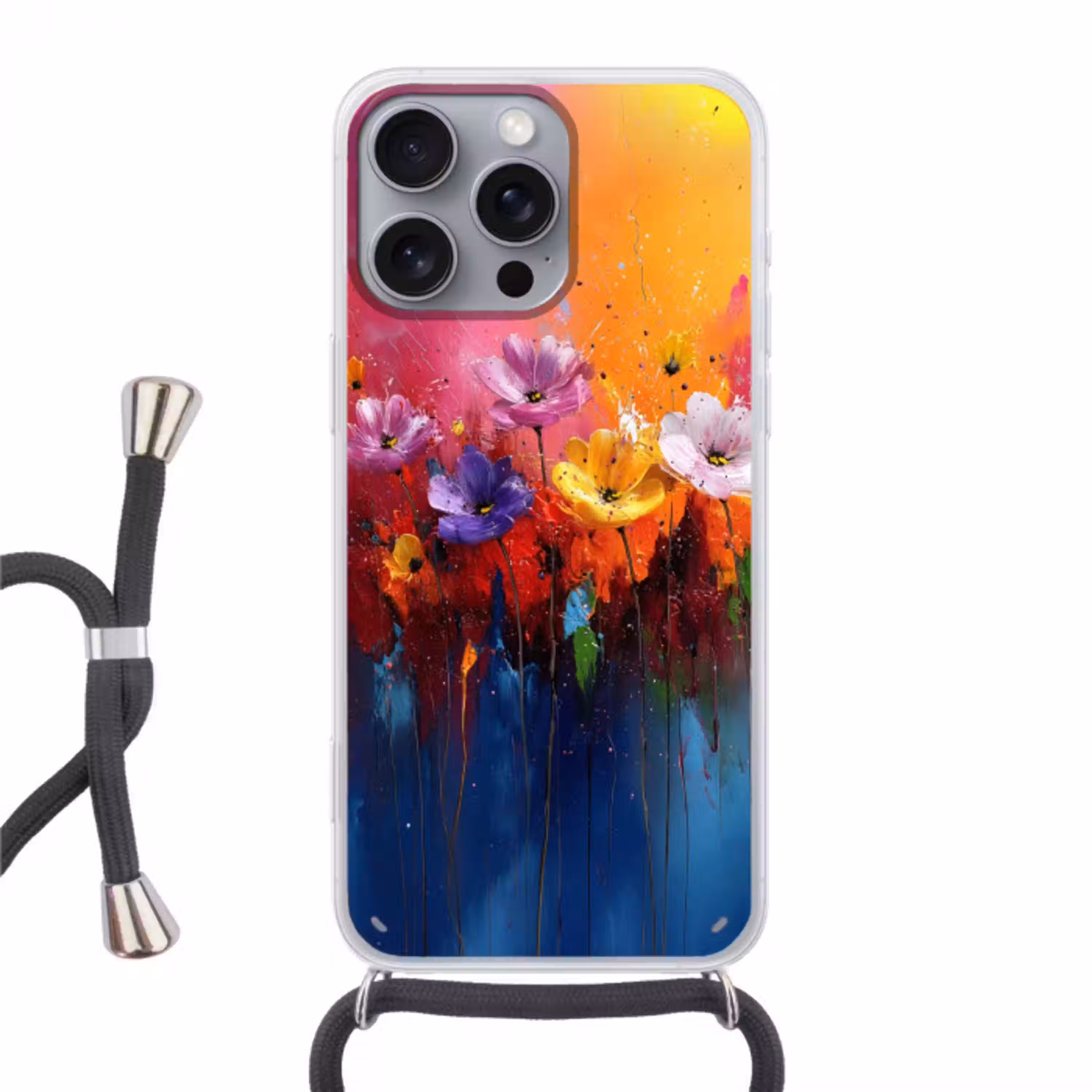 Fantasiebloemen - Verf - Speels Hoesje iPhone 16 Pro Max met koord klein -3d