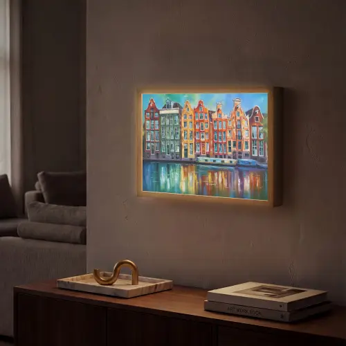 Amsterdam - Olieverf - Gracht - Schilderij - Kunst Light Box met batterij (Wandlamp) middel -sfeer1