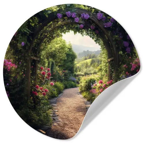 Doorkijk - Landschap - Bloemen - Tuinboog - Natuur Wandcirkel behangsticker klein -3d