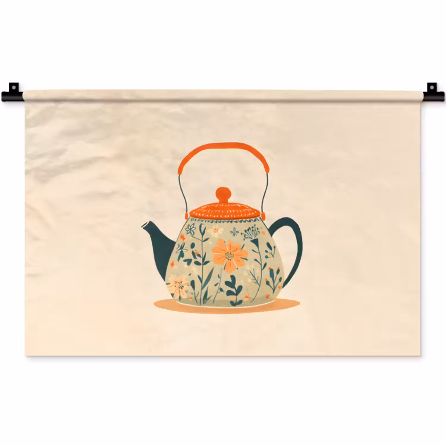 Wandkleed - Oranje - Theepot - Bloemen - Bladeren