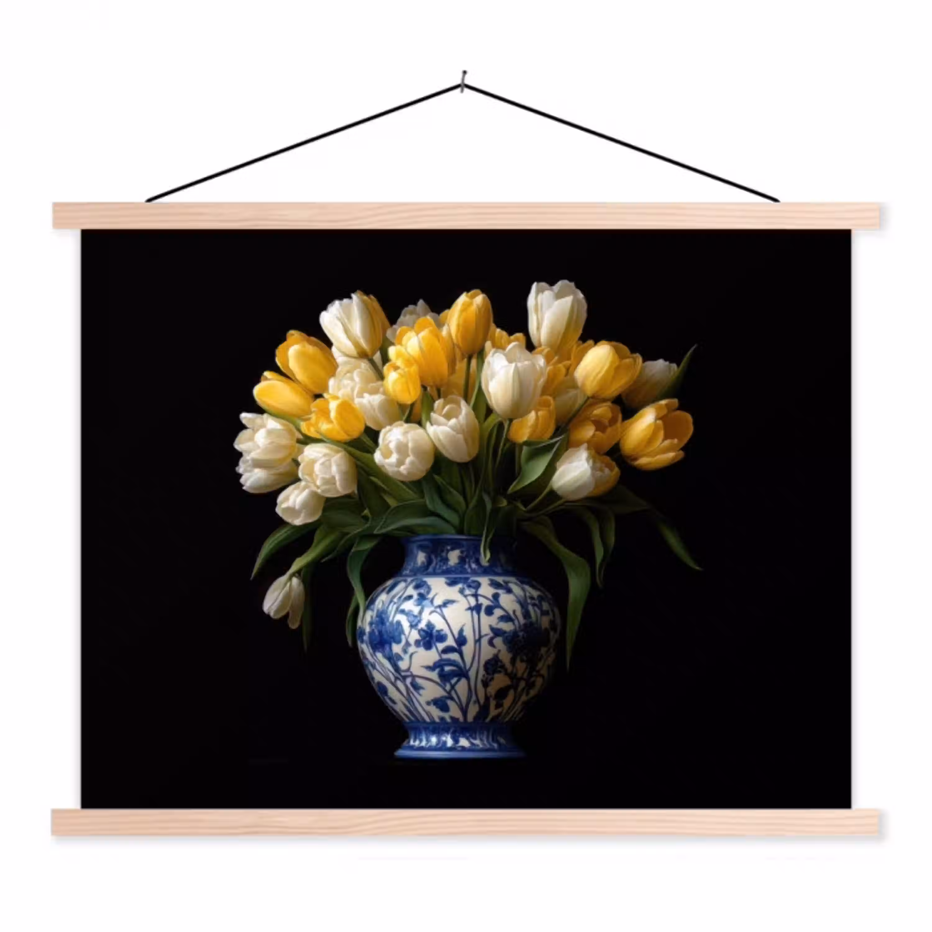 Geel - Tulpen - Vaas - Bloemen textielposter latten blank klein -3d