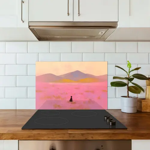 Bloemenweide - Heuvels - Silhouet - Roze keuken achterwand spatscherm klein -sfeer2