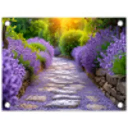 Lavendelpad bij zonsondergang tuinposter los doek klein -3d