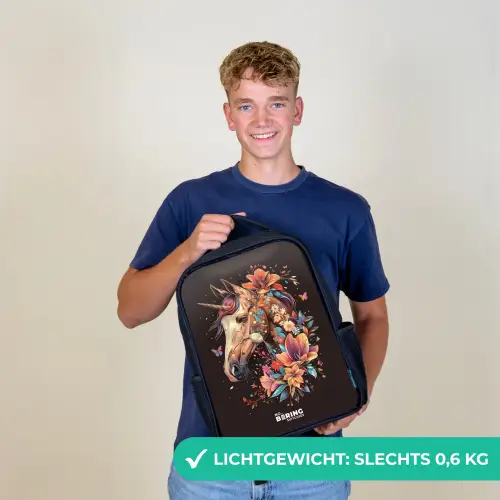 Eenhoorn en Bloemen op Zwarte Achtergrond Rugzak - Zwart middel -sfeer7_NL