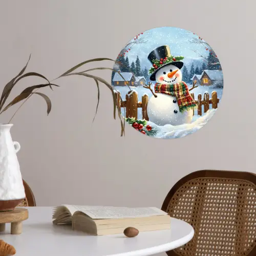 Sneeuwpop - Winterdorp - Kleurrijk Wandcirkel behangsticker klein -sfeer3