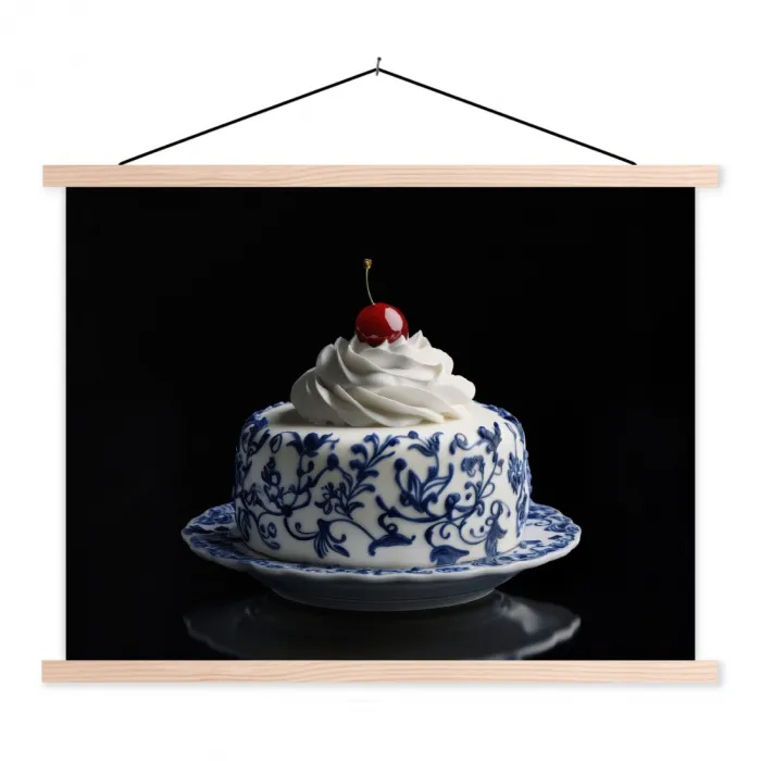 Taart - Slagroom - Kers - Bord - Delfts blauw textielposter latten blank klein -3d