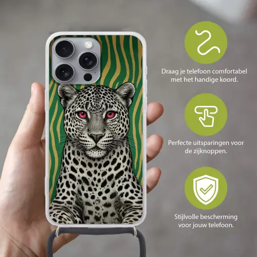 Panter - Zebrapatroon - Groen Hoesje iPhone 16 Pro Max met koord klein -sfeer2_NL